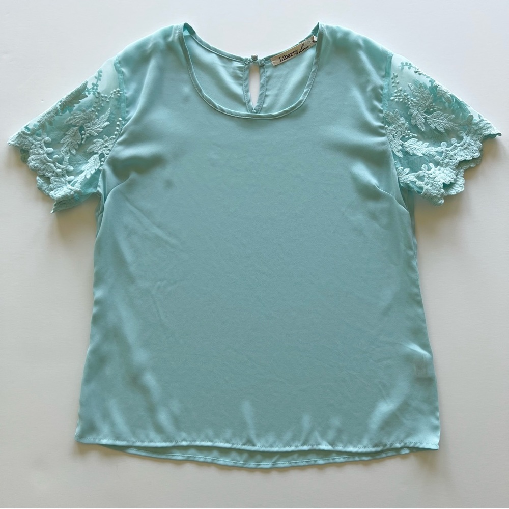 Liberty Love Blue Lace-Sleeved Blouse, Small